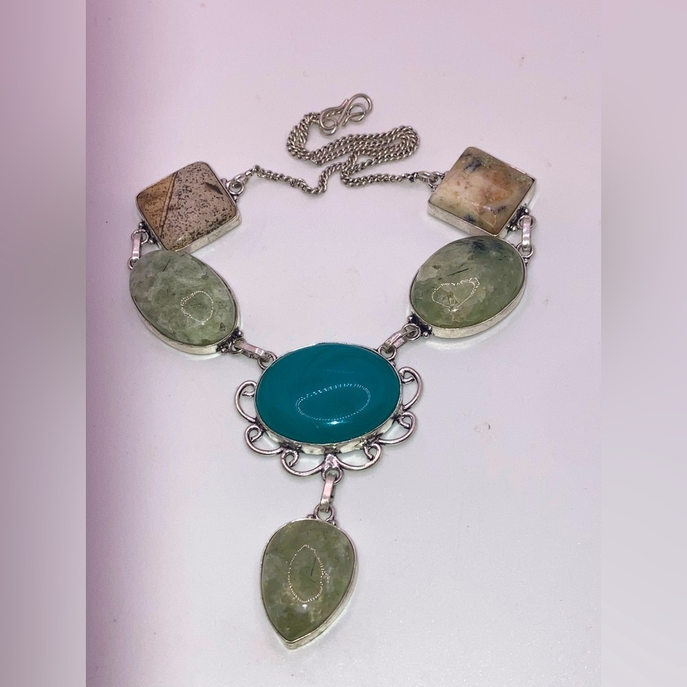 Vtg Rutilated & Lodolite Quartz Faux Turquoise Silver Tone Necklace 14” + 2.5”